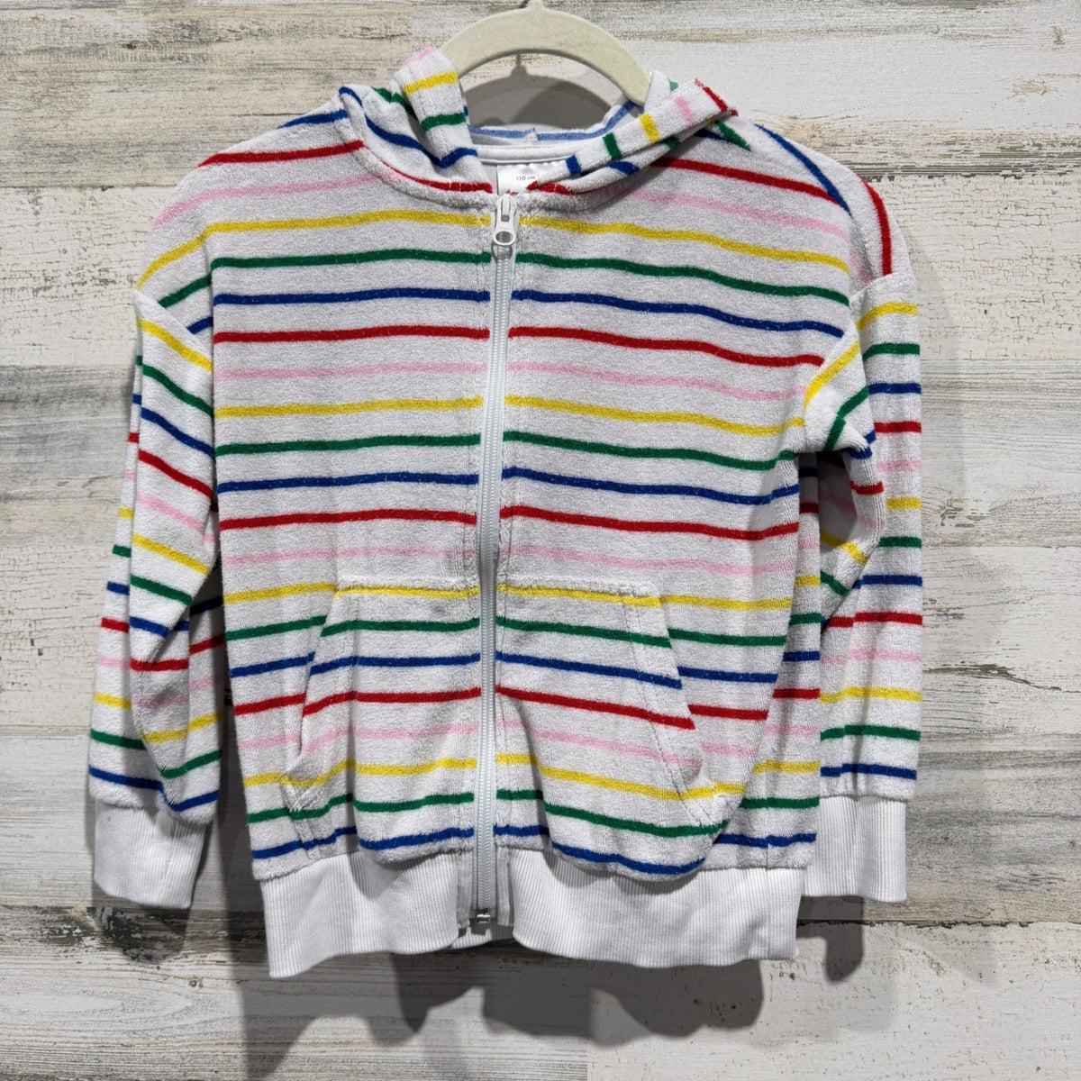 Hanna Andersson TerryCloth Hoodie Girls 5 White Rainbow Stripe Beach Scandi GUC*0