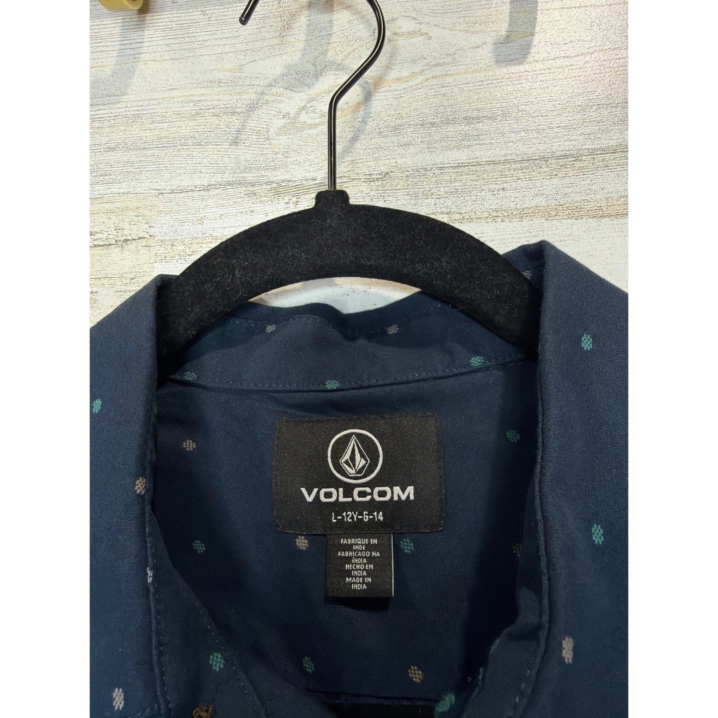 Volcom Button Up Shirt Boys Large 12 Blue Dot Skater Surf EUC1