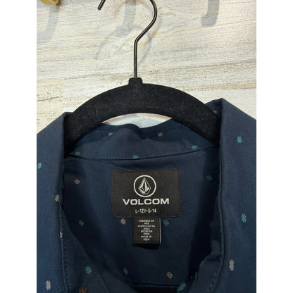 Volcom Button Up Shirt Boys Large 12 Blue Dot Skater Surf EUC1