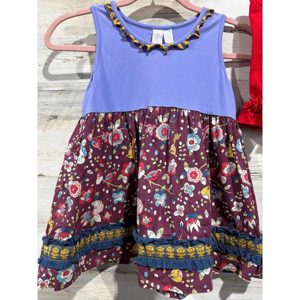 Matilda Jane Tunic Sew Sassy Shorts Girls 8 Purple Red Floral Ruffle Boho EUC1