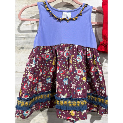 Matilda Jane Tunic Sew Sassy Shorts Girls 8 Purple Red Floral Ruffle Boho EUC1