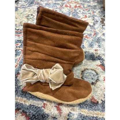 Gracious May Boots Girls 12-18m Brown Velvet Bow Slouchy Suede Soft Sole0