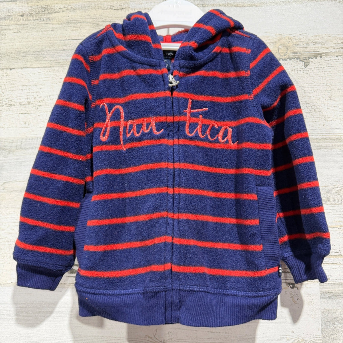 Nautica Fleece Hoodie Jacket Girls 2T Navy Red Striped Nautical Preppy Fall EUC0