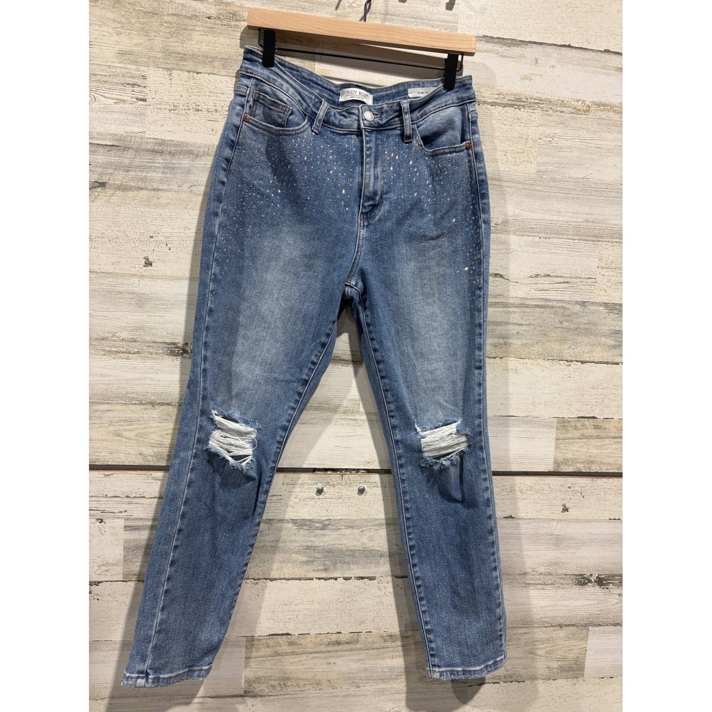 Judy Blue Jeans Womens 9/29 Blue Rhinestone Distressed Slim Fit EUC0