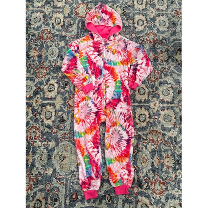 PJ Place Fleece Hooded One Piece Girls 5/6 Pink Blue Tie Dye Animals EUC Bundle3