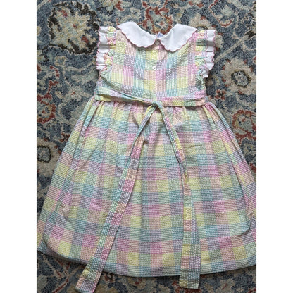 Christie Brooks Smocked Dress Girls 5/6 Pastel Gingham Seersucker6