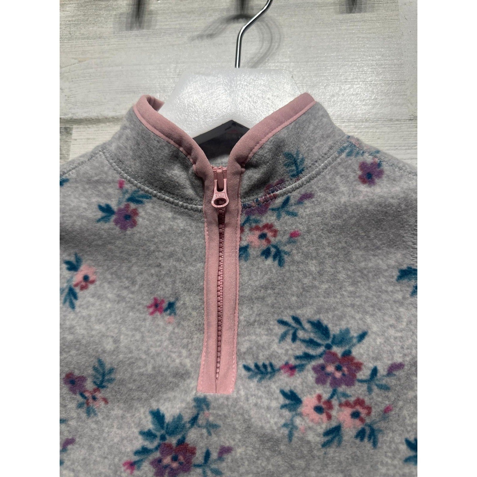 OshKosh Fleece Pullover Girls 12M Gray Floral Quarter Zip EUC2