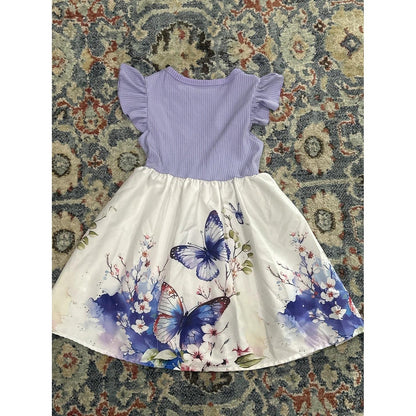 Butterfly Floral Dress Girls 7 Purple Flutter Sleeve Ribbed EUC0