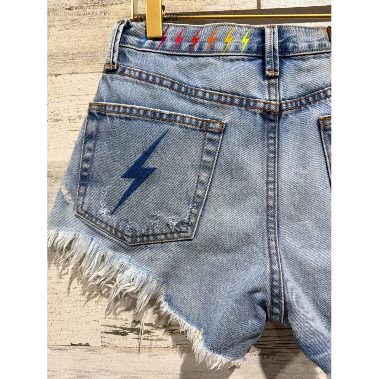 Aviation Nation Denim Shorts Women 24 Blue Distressed Patch Lightning Bolt*7