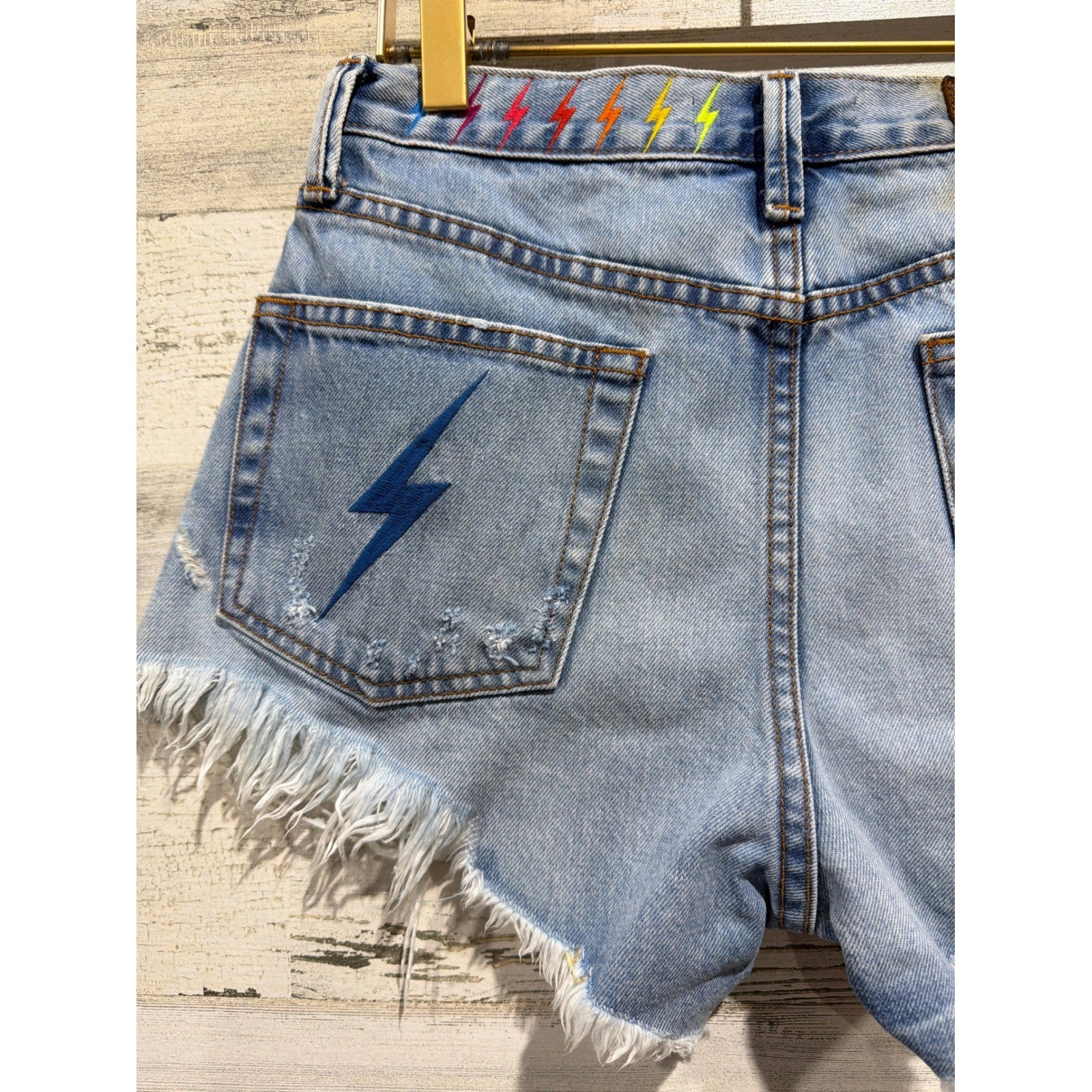 Aviation Nation Denim Shorts Women 24 Blue Distressed Patch Lightning Bolt*7