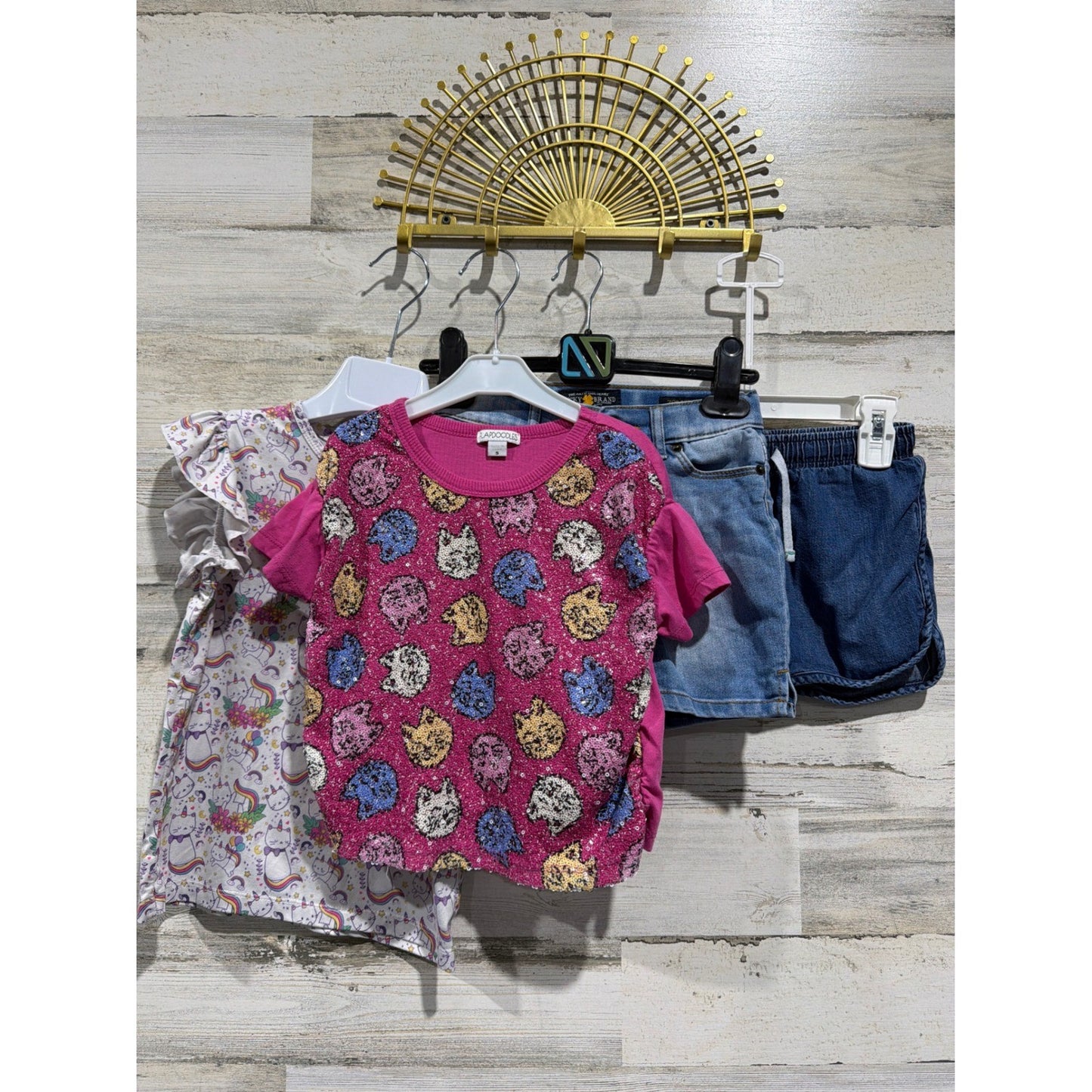 Mila & Rose Flapdoodles Girls 5T Pink Blue Sequin Cat Shirt Denim Shorts Bundle0