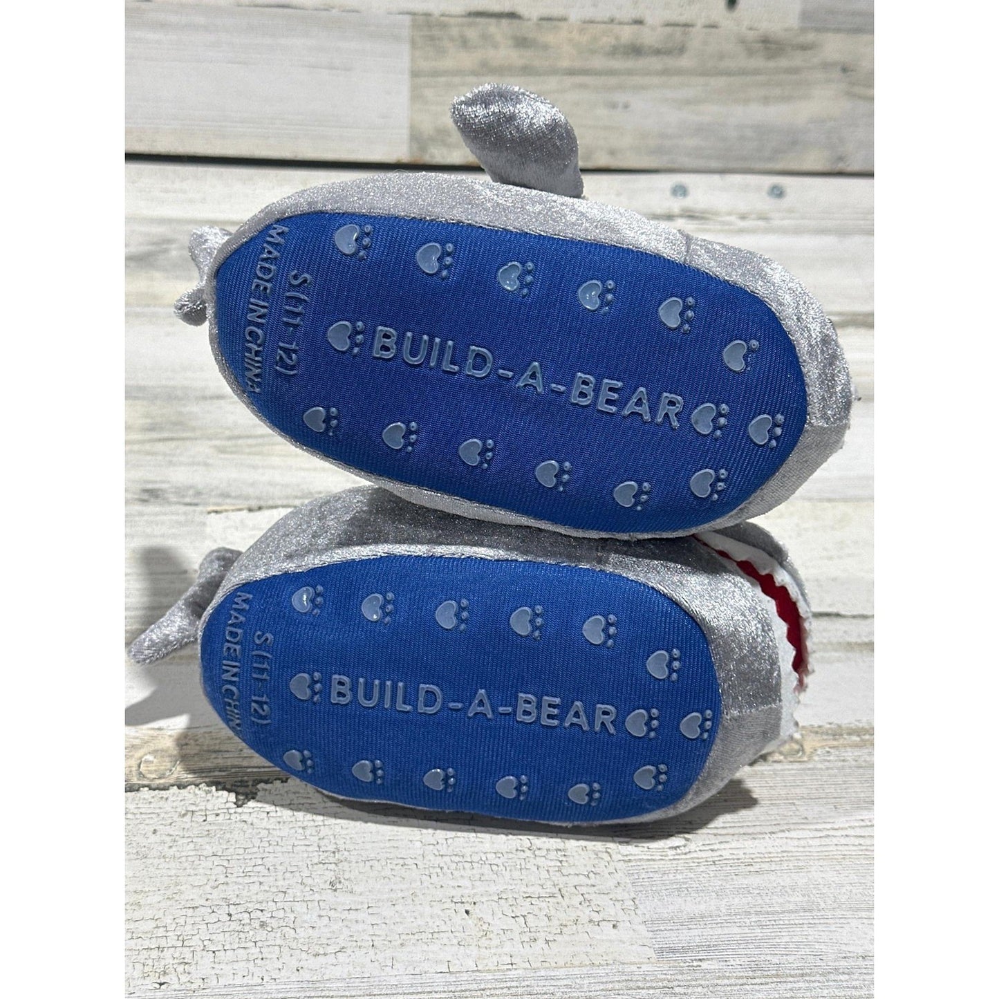 Build A Bear Shark Slippers Boys 11-12 Grey Metallic Plush Animal EUC1
