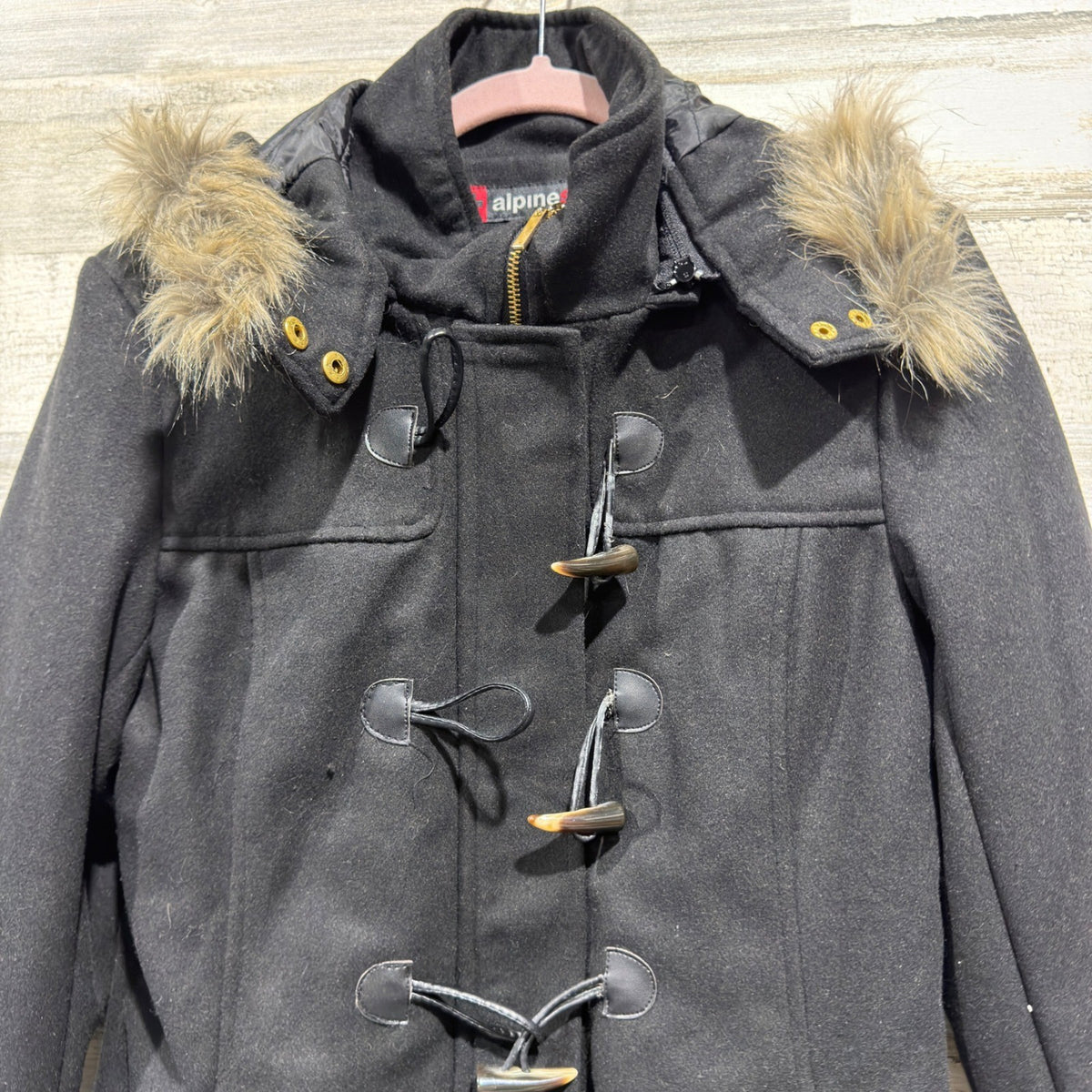 Alpine Swiss Duffle Coat Women Small Black Faux Fur Hood Toggle Wool Blend EUC1