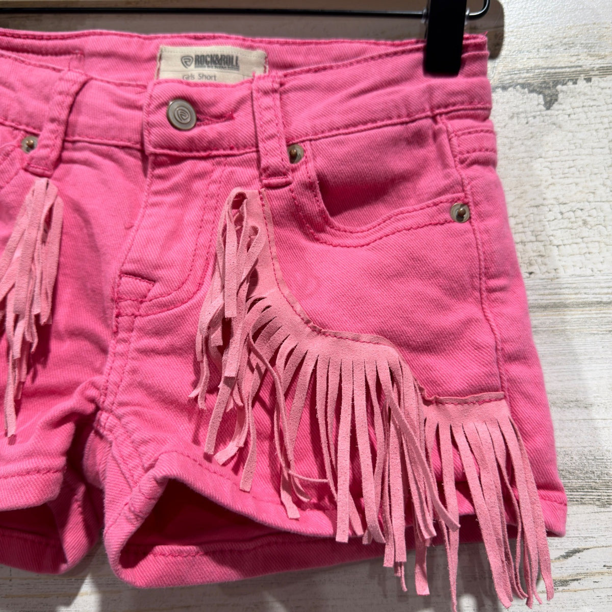 Rock & Roll Denim Fringe Shorts Girls 8 Pink Western Rodeo Cowgirl EUC2