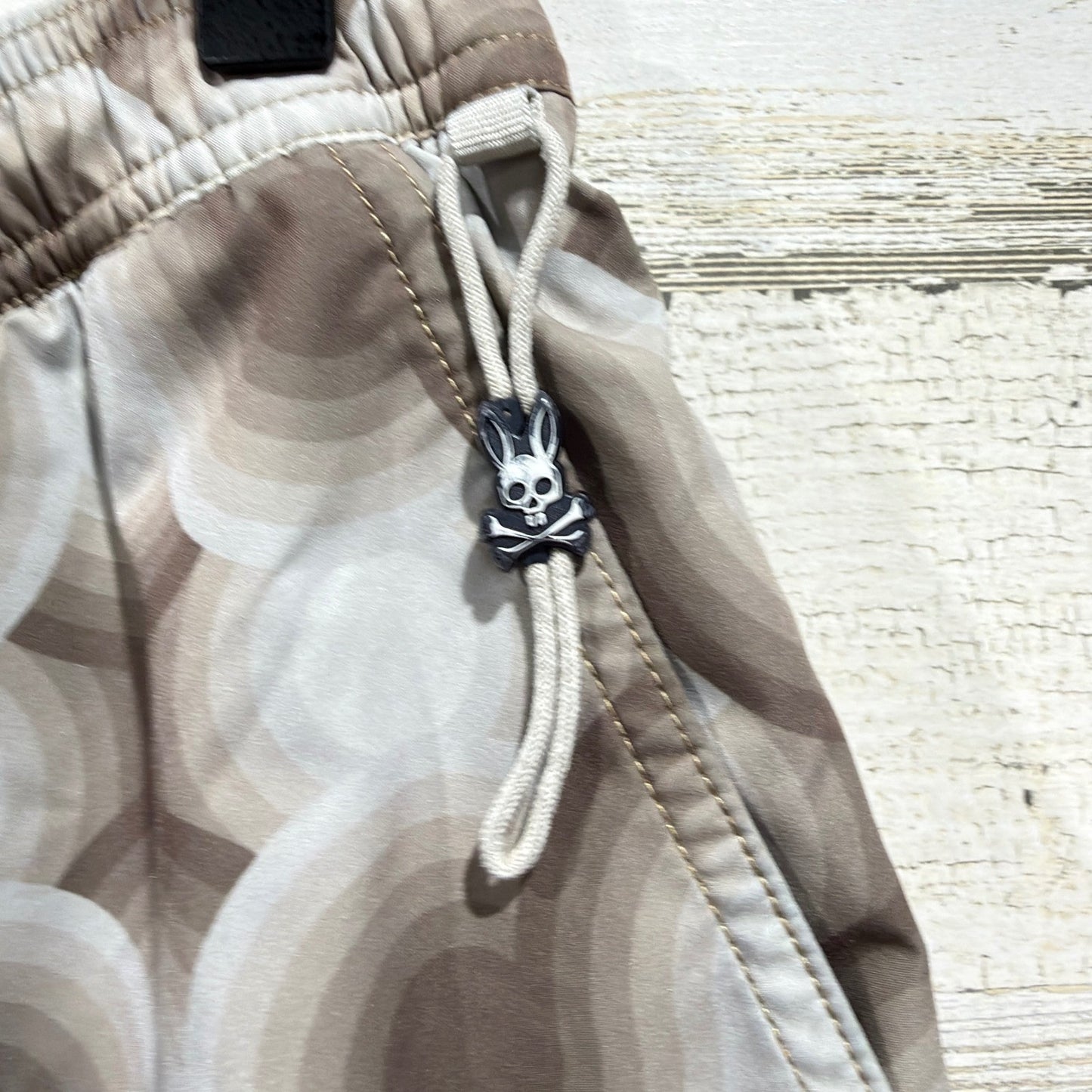 Psycho Bunny Swim Trunks Men Size S Brown Retro Wavy Pattern Beachwear *Flawed4