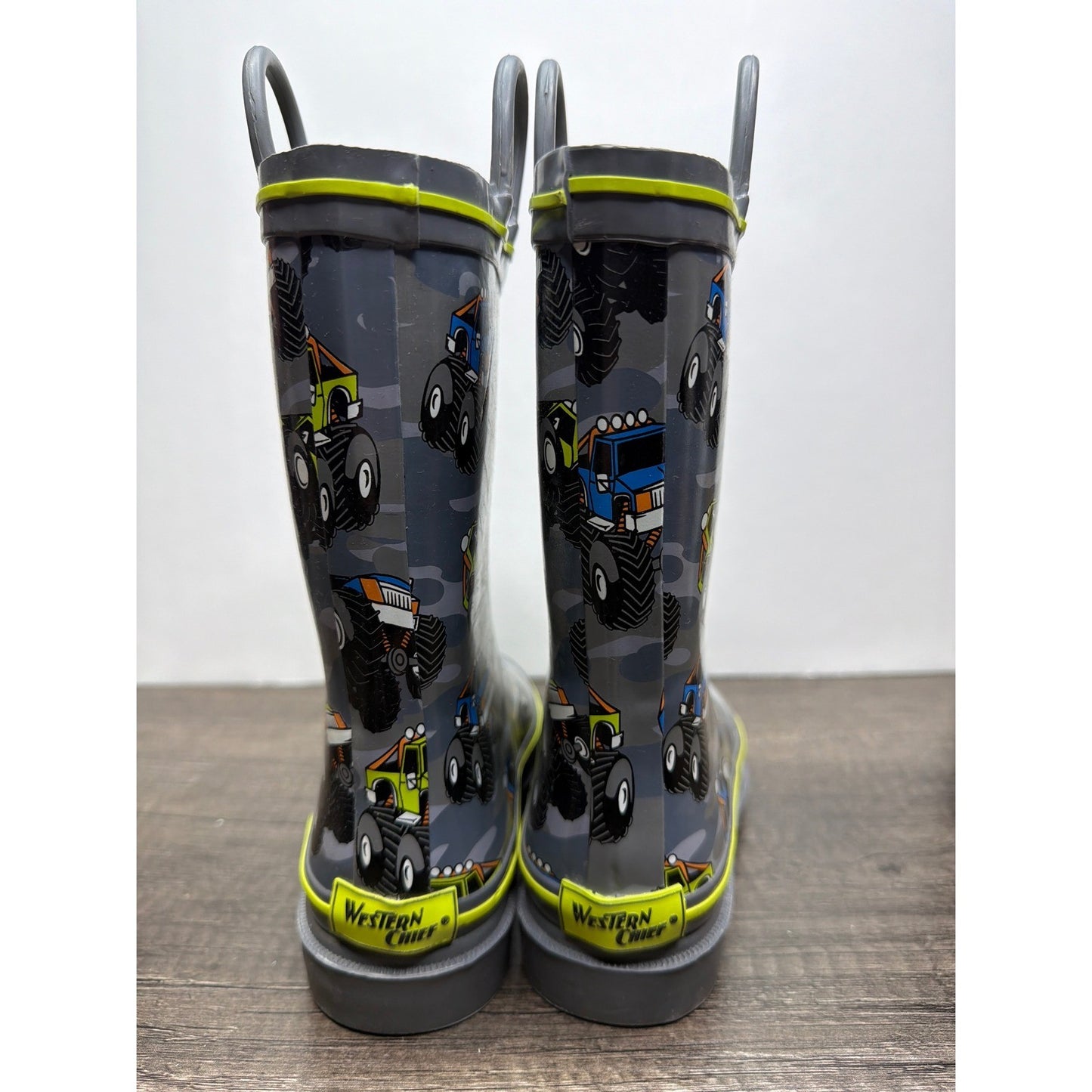 Western Chief Rain Boots Boys 11/12 Gray Monster Truck Camo Waterproof EUC3