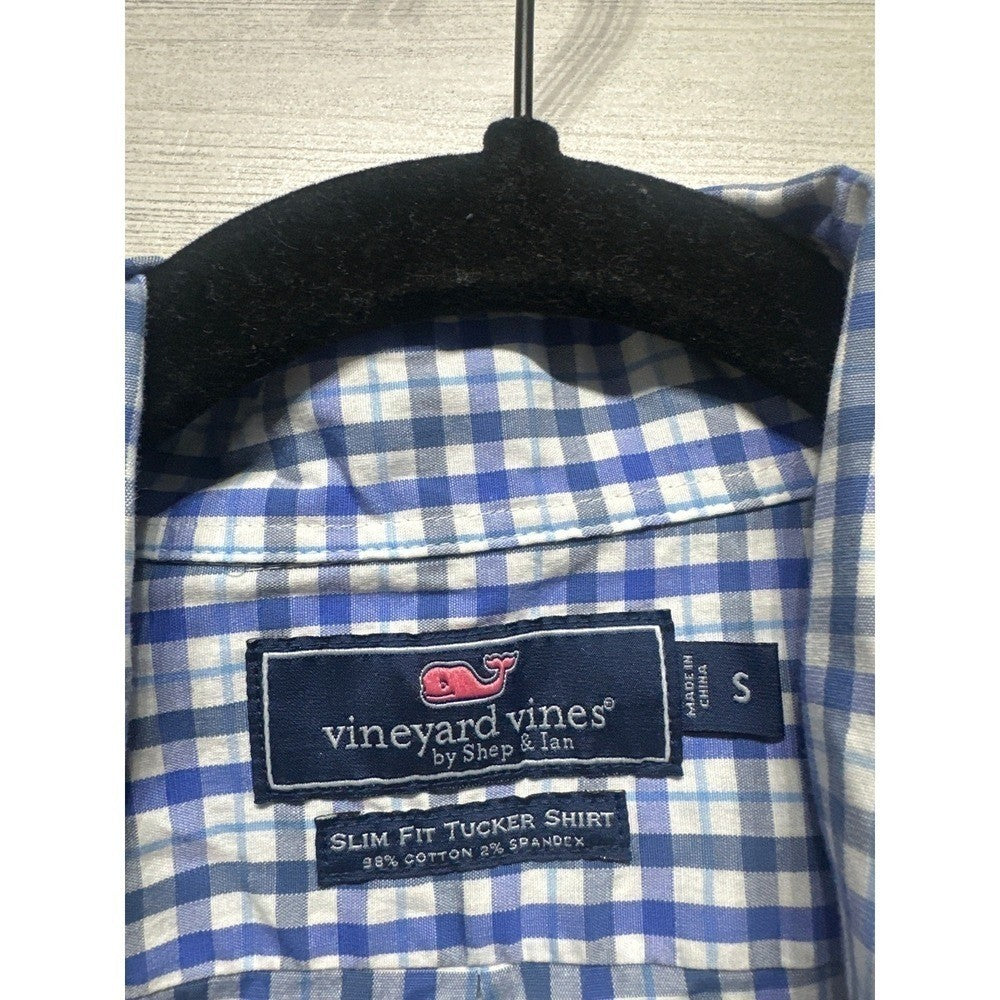 Vineyard Vines Tucker Shirt Mens Small Blue Gingham Slim Fit Stretch EUC2