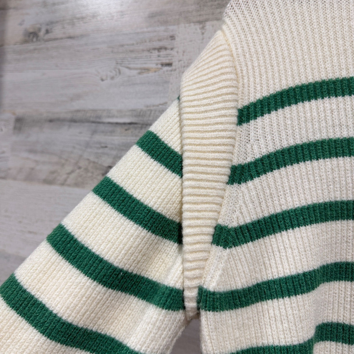 PrettyGarden Sweater Women S Green White Striped Cap Sleeve Detail Preppy EUC5