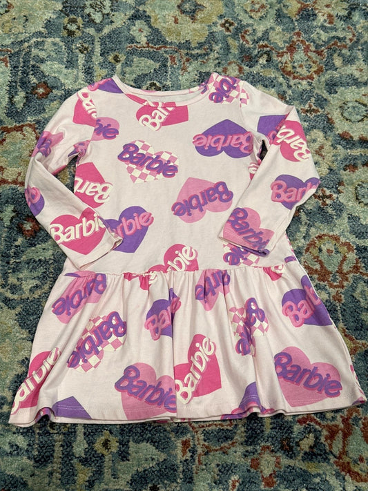 Barbie Dress Girls 4T Pink Heart Logo Long Sleeve Drop Waist EUC0