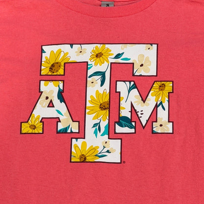 Gildan Texas A&M T-Shirt Girls Small Coral Floral Sunflowers Gameday EUC1