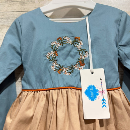 Evie's Closet Dress Girls 12m Blue Tan Embroidered Snowglobe Winter NWT *Flawed1
