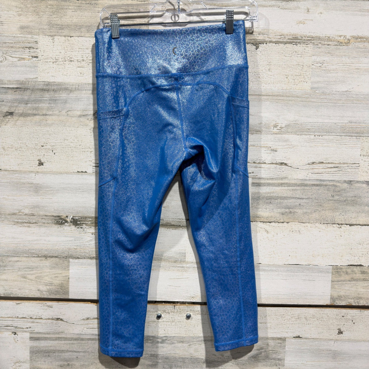 Zyia Metallic Leopard Pocket Leggings Women 6-8 Blue Shimmer Print EUC2