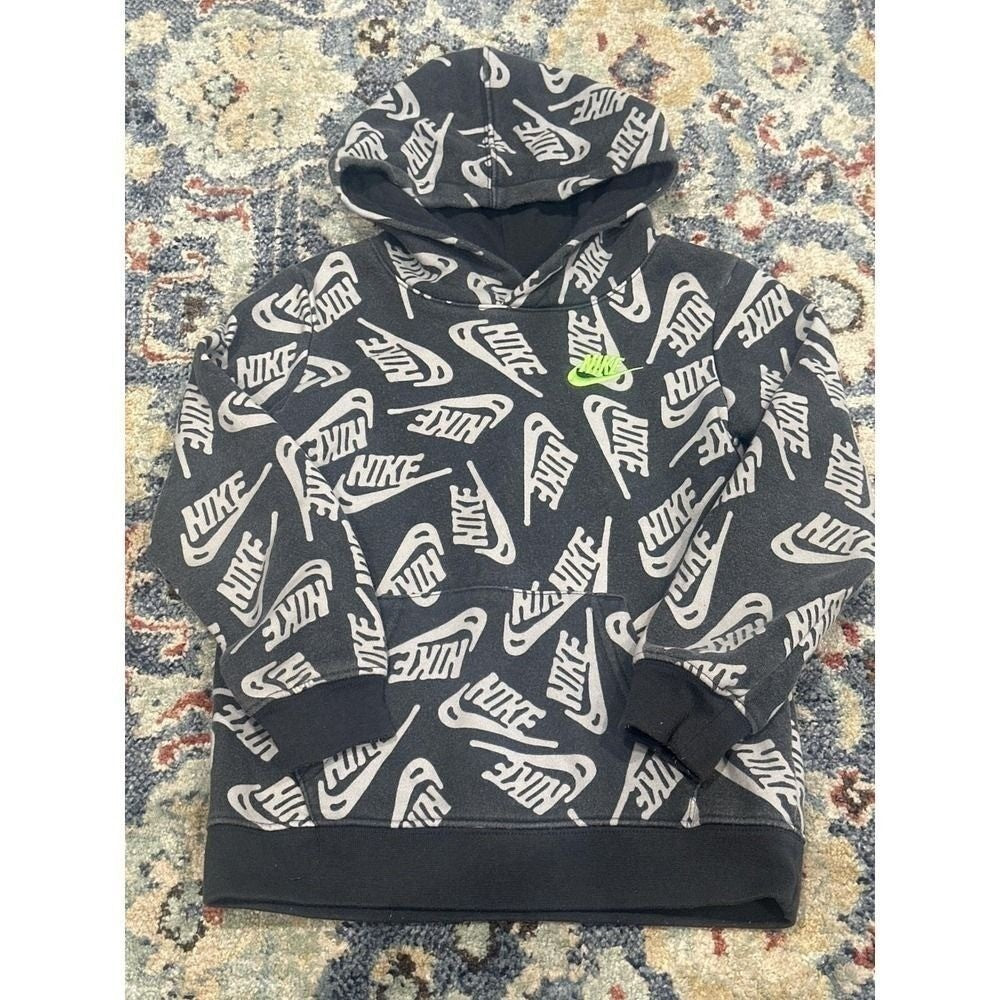 Nike Hoodie Kids Size 6 Black Grey All Over Print Logo Pullover GUC0