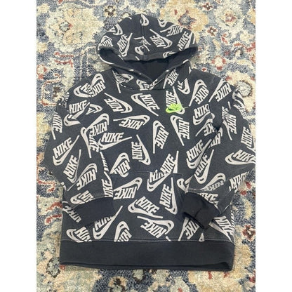 Nike Hoodie Kids Size 6 Black Grey All Over Print Logo Pullover GUC0