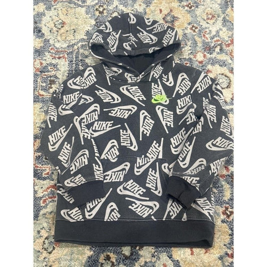 Nike Hoodie Kids Size 6 Black Grey All Over Print Logo Pullover GUC0