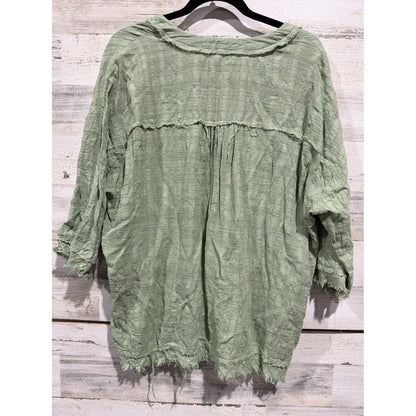 Gaudie V-Neck Blouse Women S Green Raw Edge Distressed Oversized Boho Lagenlook2