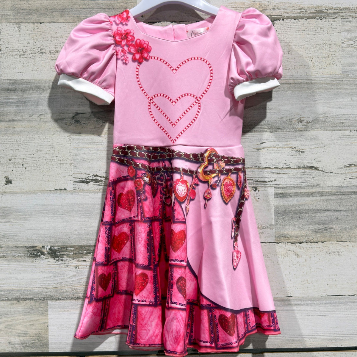 Fuyimei Heart Print Puff Sleeve Dress Girls Size 100 Pink Polyester NWT0