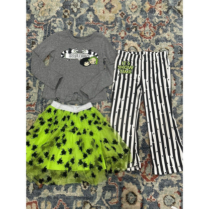 Beetlejuice 3pc Outfit Set Girls 4T Gray Green Striped Tutu Flare Pants GUC0