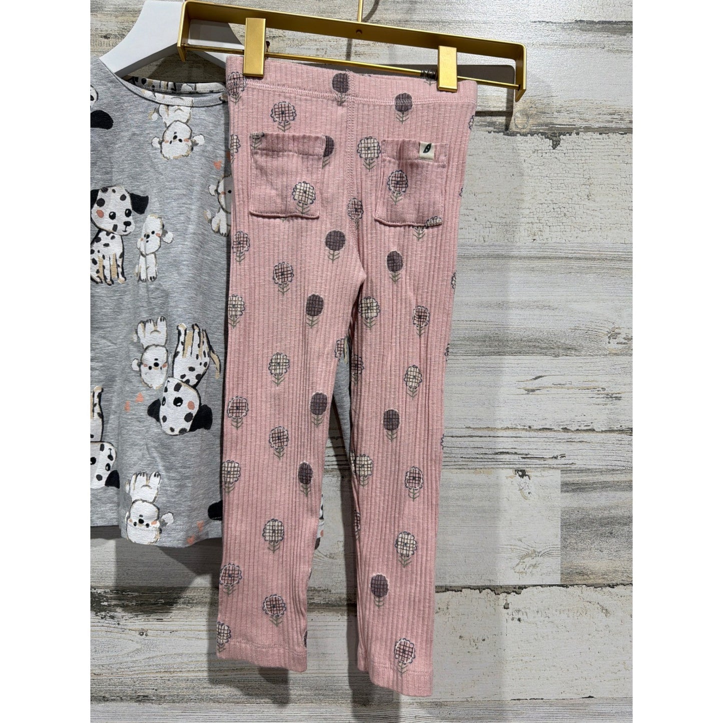 H&M Mayoral Easy Peasy Shirt Pants Girls 3T Gray Pink Dalmatian Floral NWT EUC2