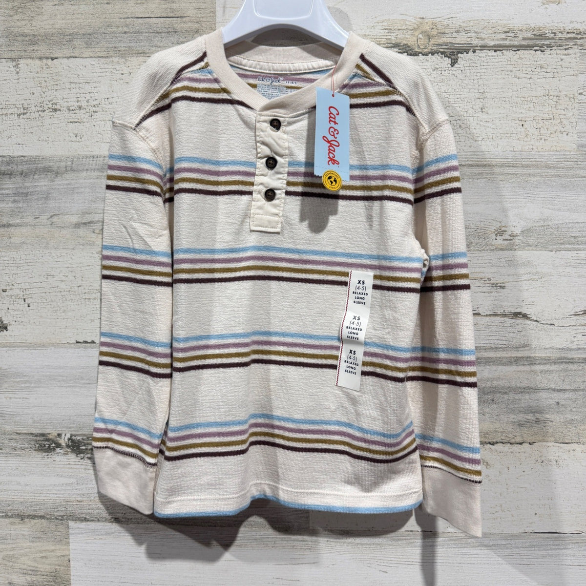 Cat & Jack Henley Shirt Boys XS 4-5 Cream Striped Relaxed Waffle Knit NWT0