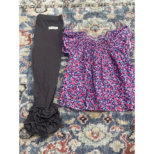 Busy Bees Smocked Top Sew Sassy Ruffle Leggings Girls 2 Pink Floral Set EUC0