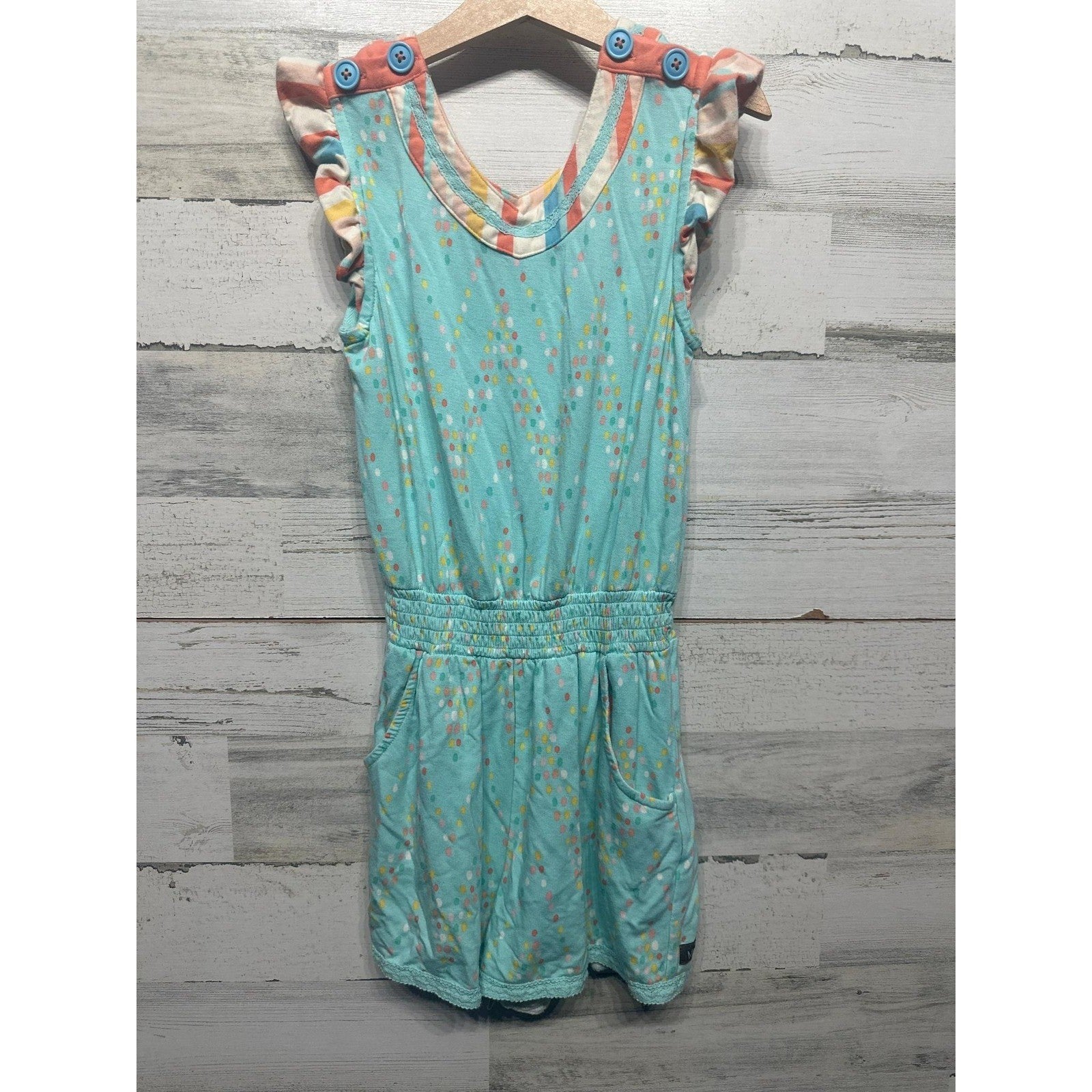 Matilda Jane Romper Girls 10 Teal Multicolor Dot Flutter Sleeve0