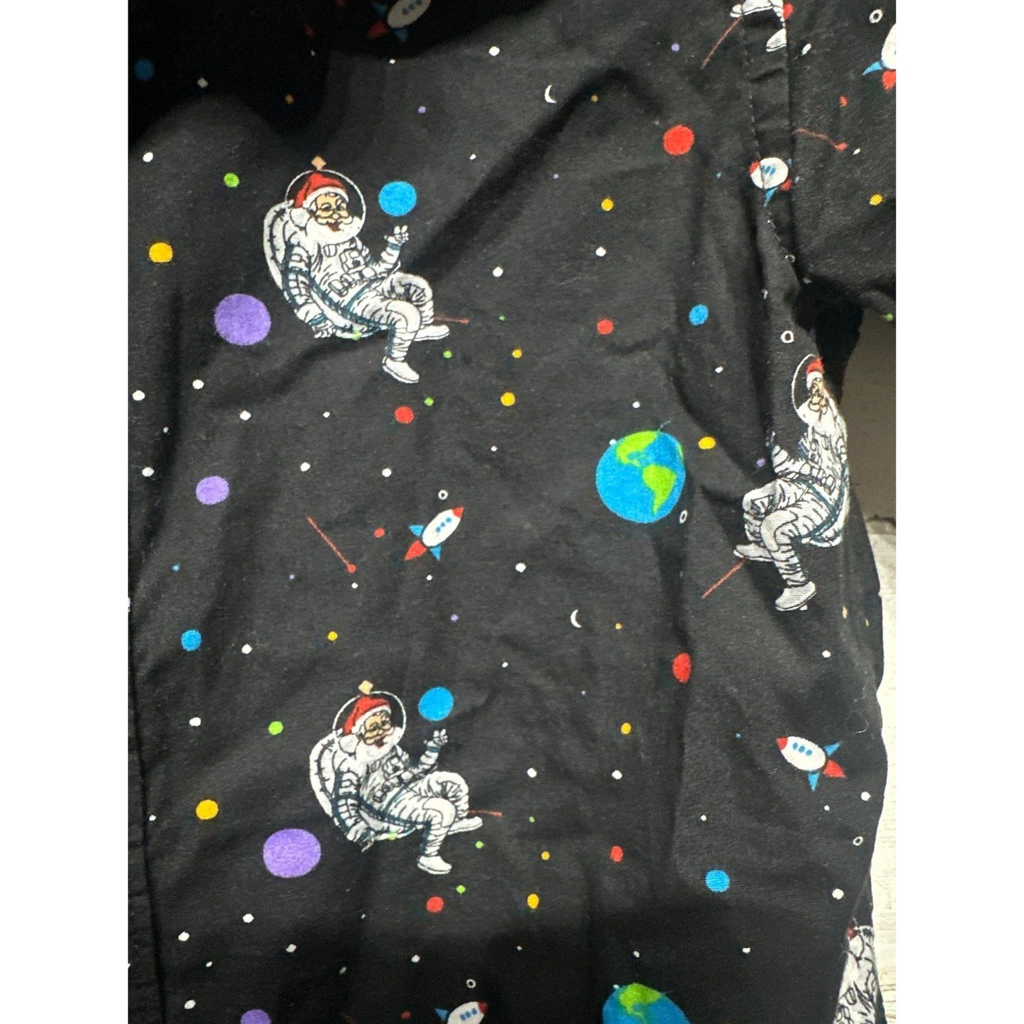 Denim & Flower Button Up Boys Size 4 Black Santa Astronaut Space Holiday EUC1