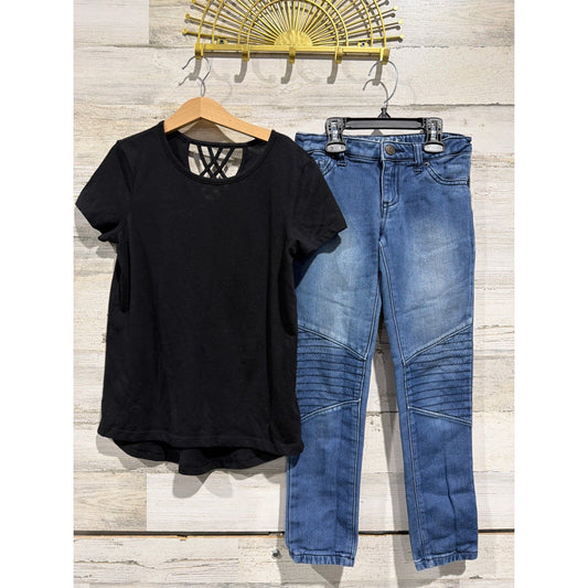 Old Navy Cat & Jack Outfit Set Girls 8 Black Blue Moto Jeggings School0