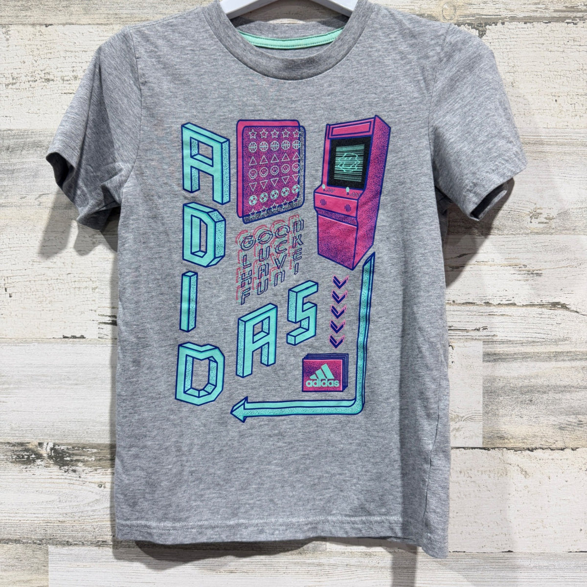 Adidas Graphic Tee Boys Size 7 Gray Arcade Gamer Retro Sporty EUC0