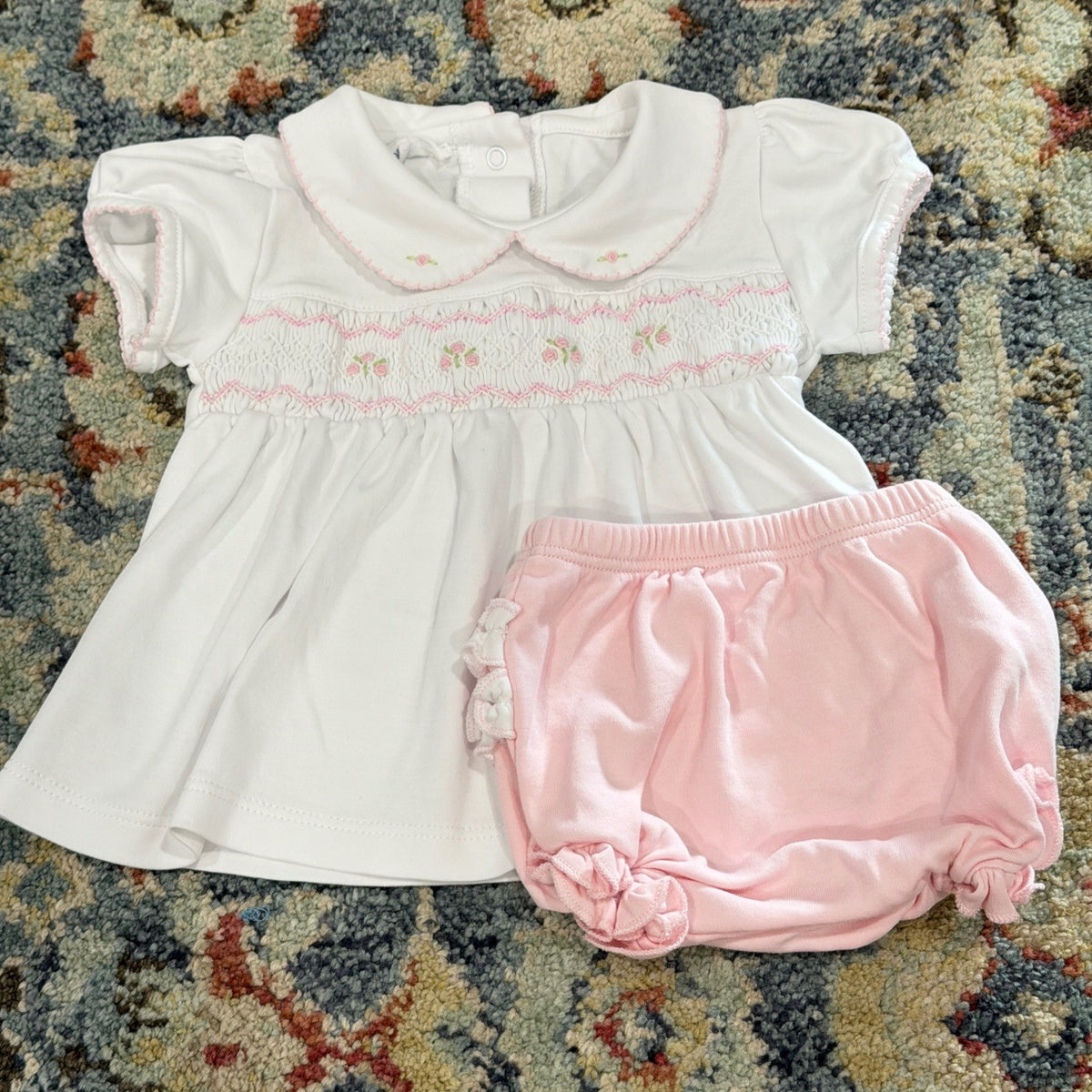 Magnolia Baby Smocked Set Fits Girls 3-6m White Pink Pima Cotton Heirloom EUC*0