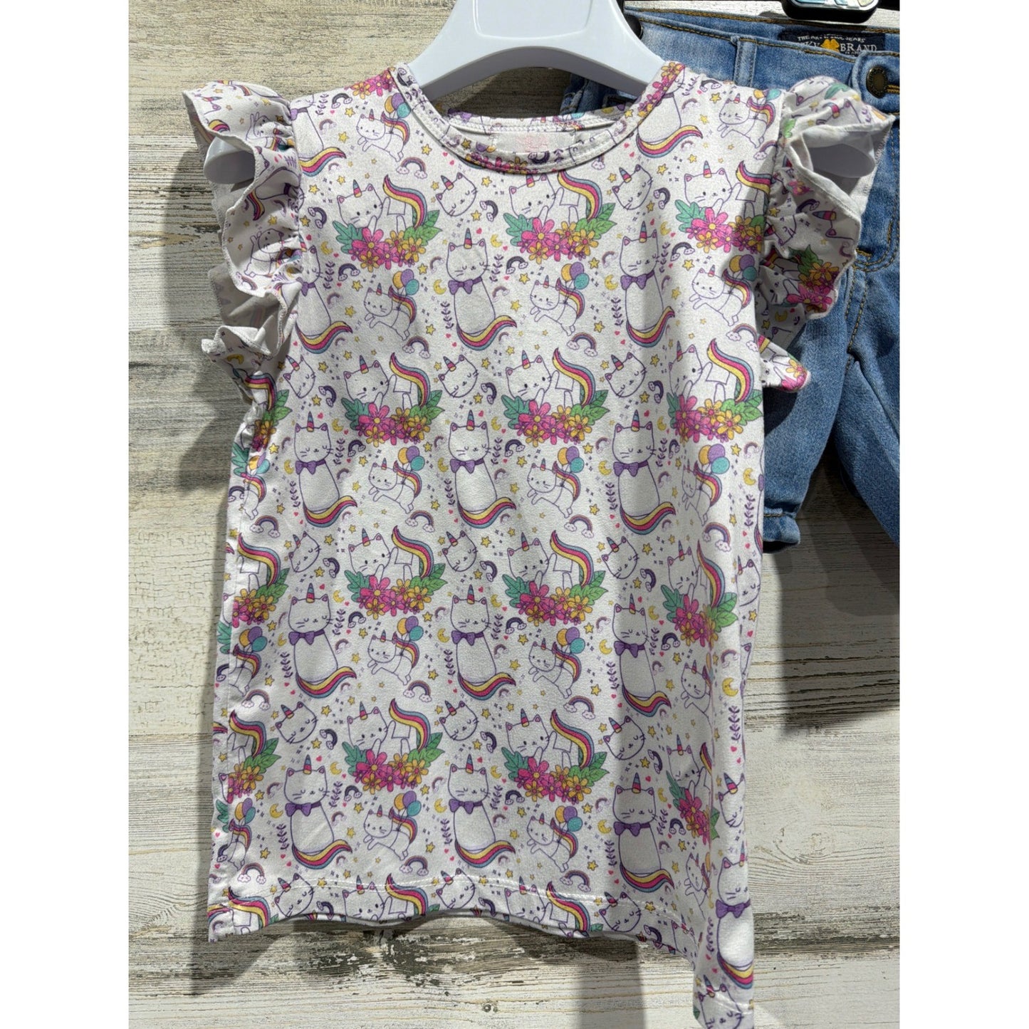 Mila & Rose Flapdoodles Girls 5T Pink Blue Sequin Cat Shirt Denim Shorts Bundle2