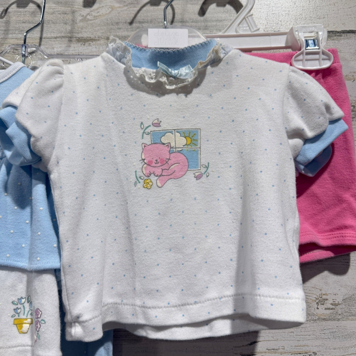 Vintage Kitten Graphic 3pc Outfit Set Girls 6-9 Months Blue Pink Cotton Flawed*1