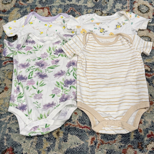 Burt's Bees Bodysuit 4-Pack Girls 0-3M Multi Floral Bee Organic Cottagecore EUC0
