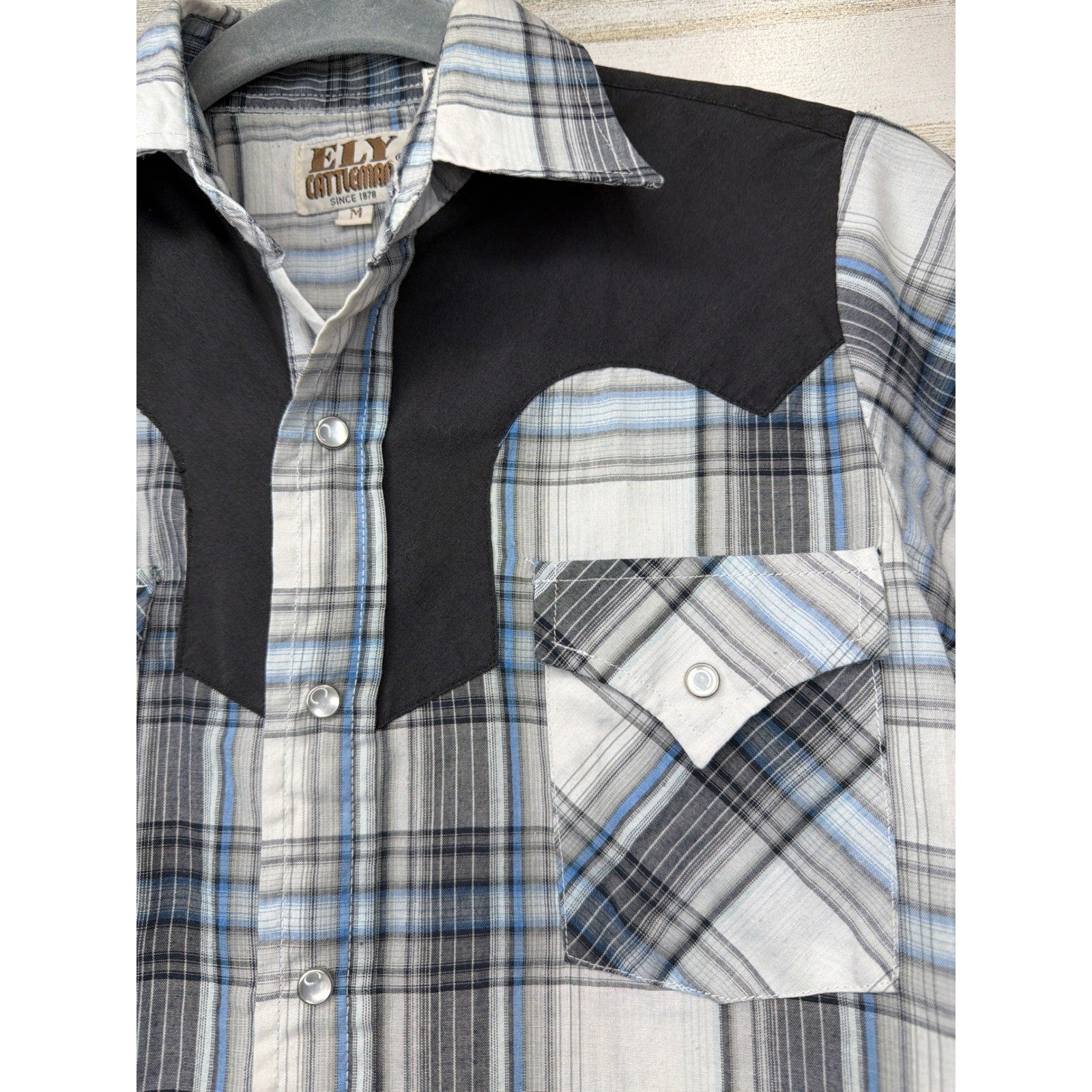 Ely Cattleman Pearl Snap Shirt Boys Medium Blue Plaid Western Cowboy2