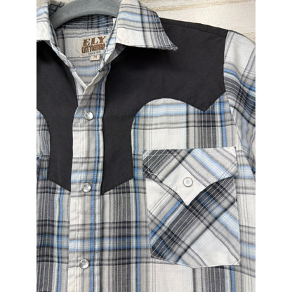 Ely Cattleman Pearl Snap Shirt Boys Medium Blue Plaid Western Cowboy2