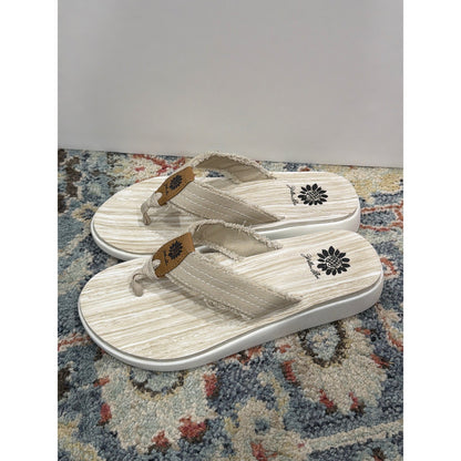 Yellow Box Sandals Women 7.5 Tan Sunflower Frayed Canvas Platform Wedge EUC1