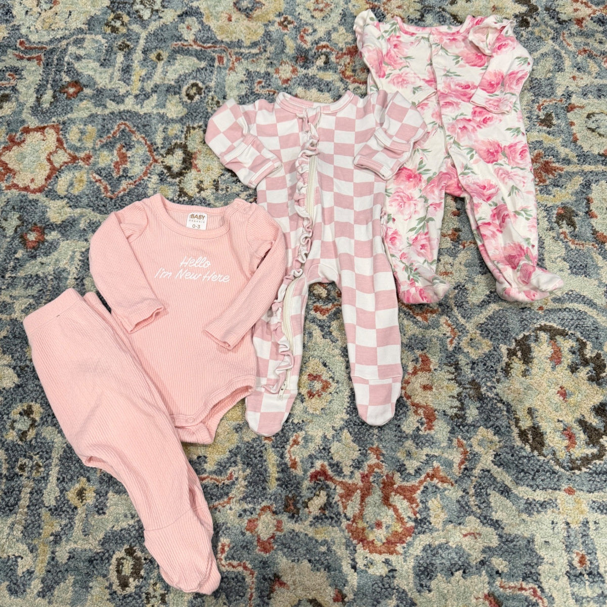 SIIX Cotton On Baby Organic Cotton Bundle Girls 0-3M Pink Floral Check EUC0