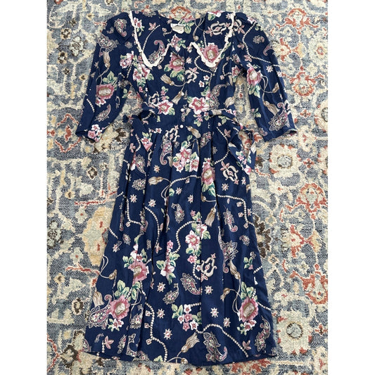 Vintage Floral Midi Dress Women Size 5 Navy Blue Lace Collar Shoulder Pads 80s0