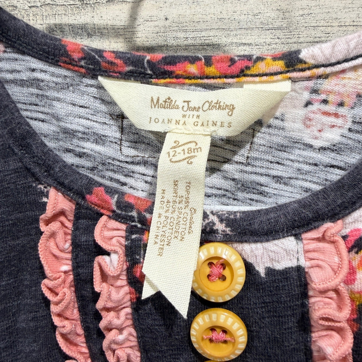 Matilda Jane Joanna Gaines Dress Set Girls 12-18M Grey Floral Ruffle EUC2