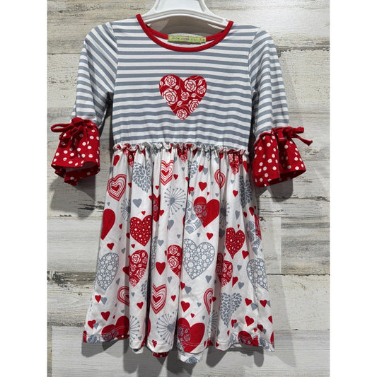 Millie Loves Lily Dress Girls 5 Red Gray Heart Stripe EUC0